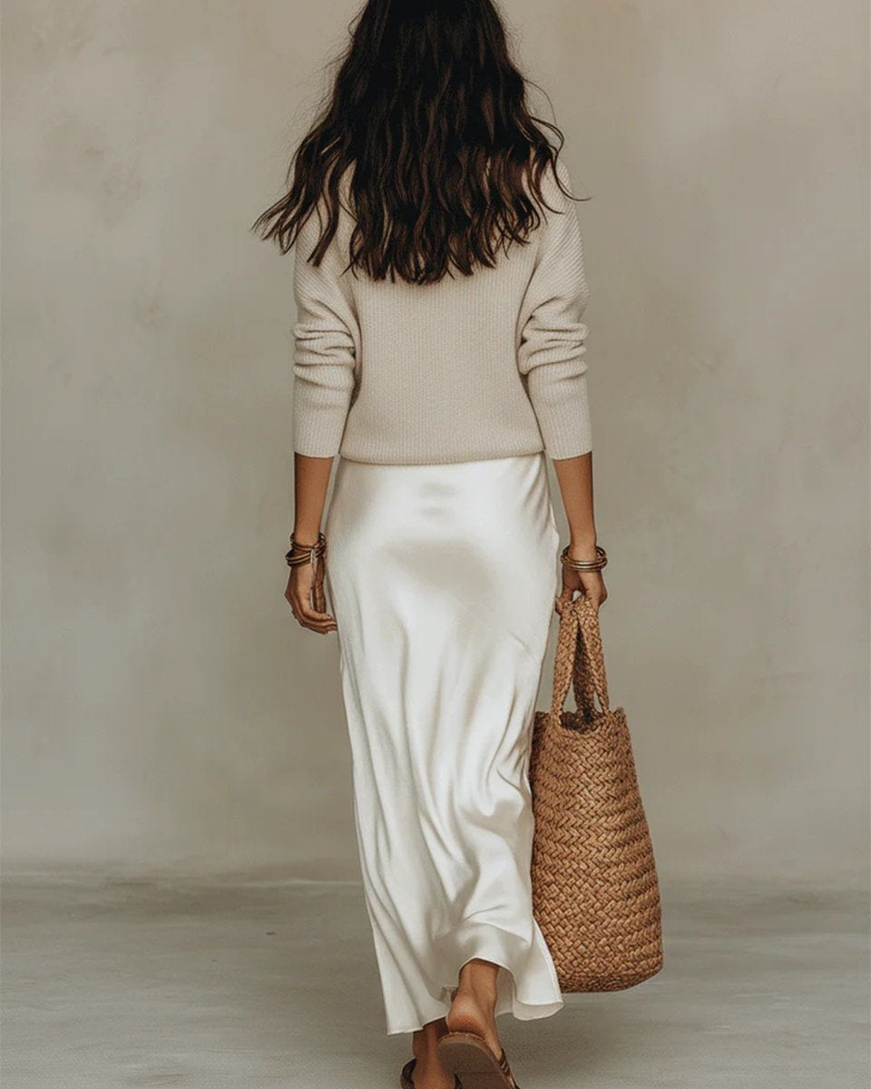 Ashley™ | Conjunto efecto vestido midi de punto y falda satinada