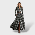 Riley™ | Vestido largo de cuadros de manga larga para invitada