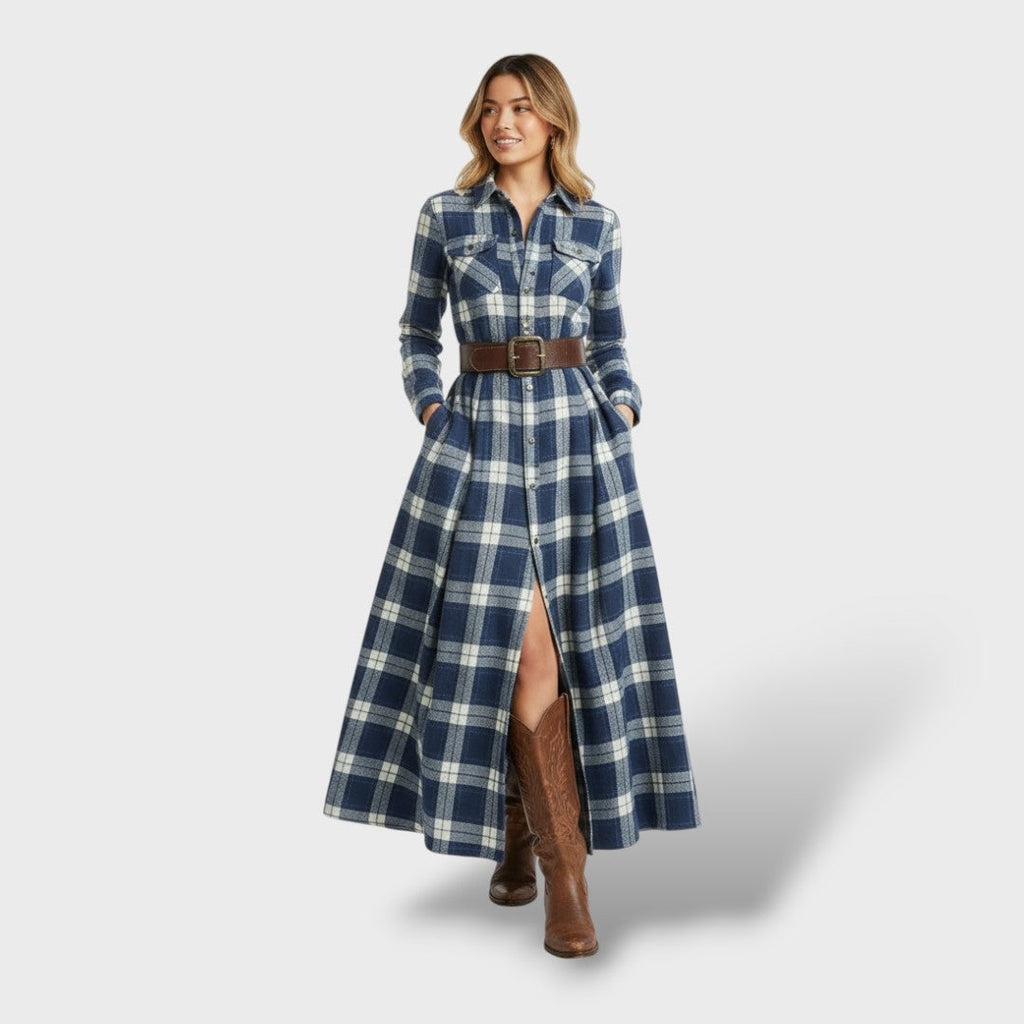 Riley™ | Vestido largo de cuadros de manga larga para invitada