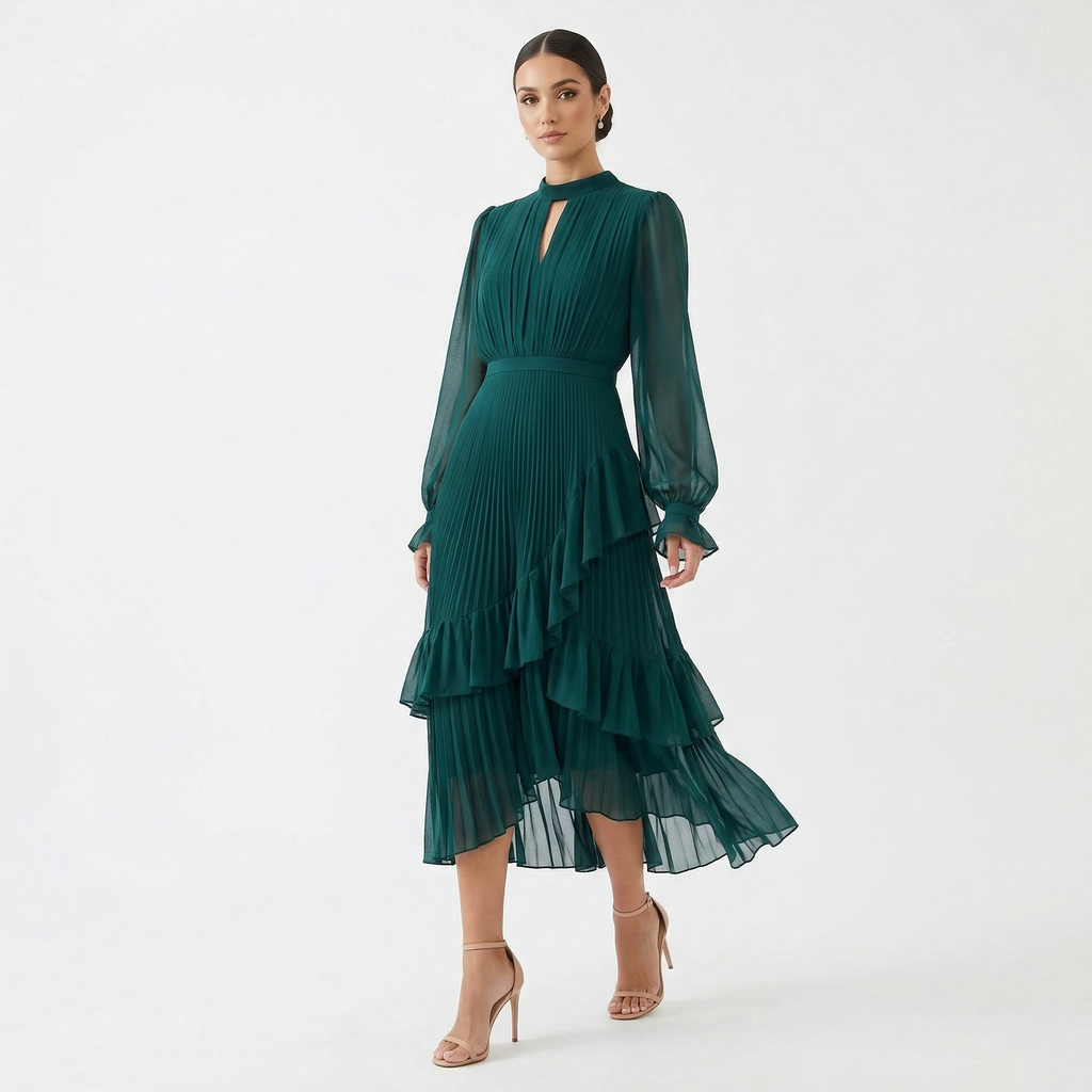 Gabriella™ | Vestido midi plisado con volantes y cuello alto