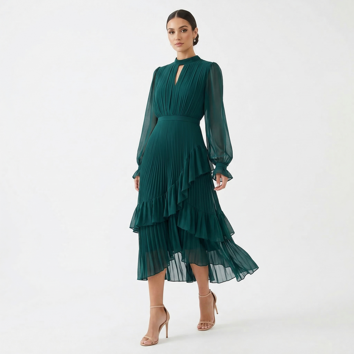 Gabriella™ | Vestido midi plisado con volantes y cuello alto