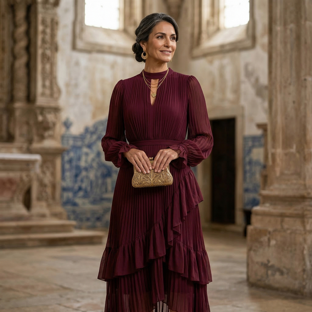 Gabriella™ | Vestido midi plisado con volantes y cuello alto