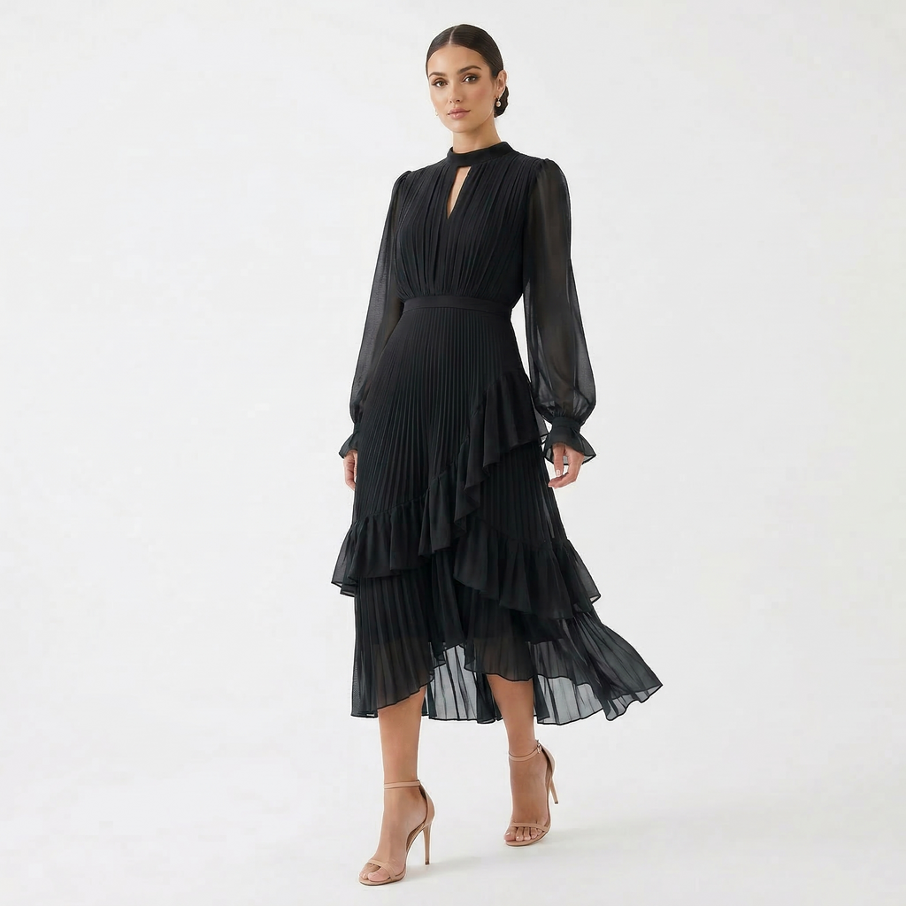Gabriella™ | Vestido midi plisado con volantes y cuello alto