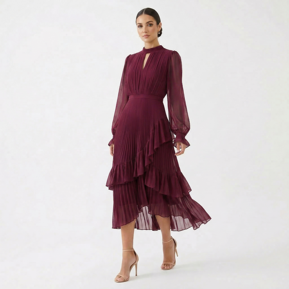 Gabriella™ | Vestido midi plisado con volantes y cuello alto