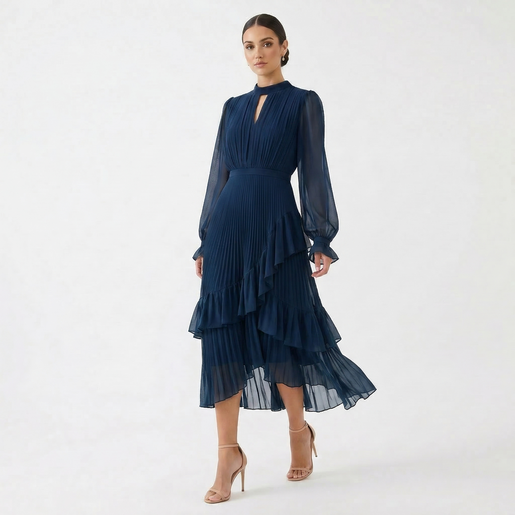 Gabriella™ | Vestido midi plisado con volantes y cuello alto