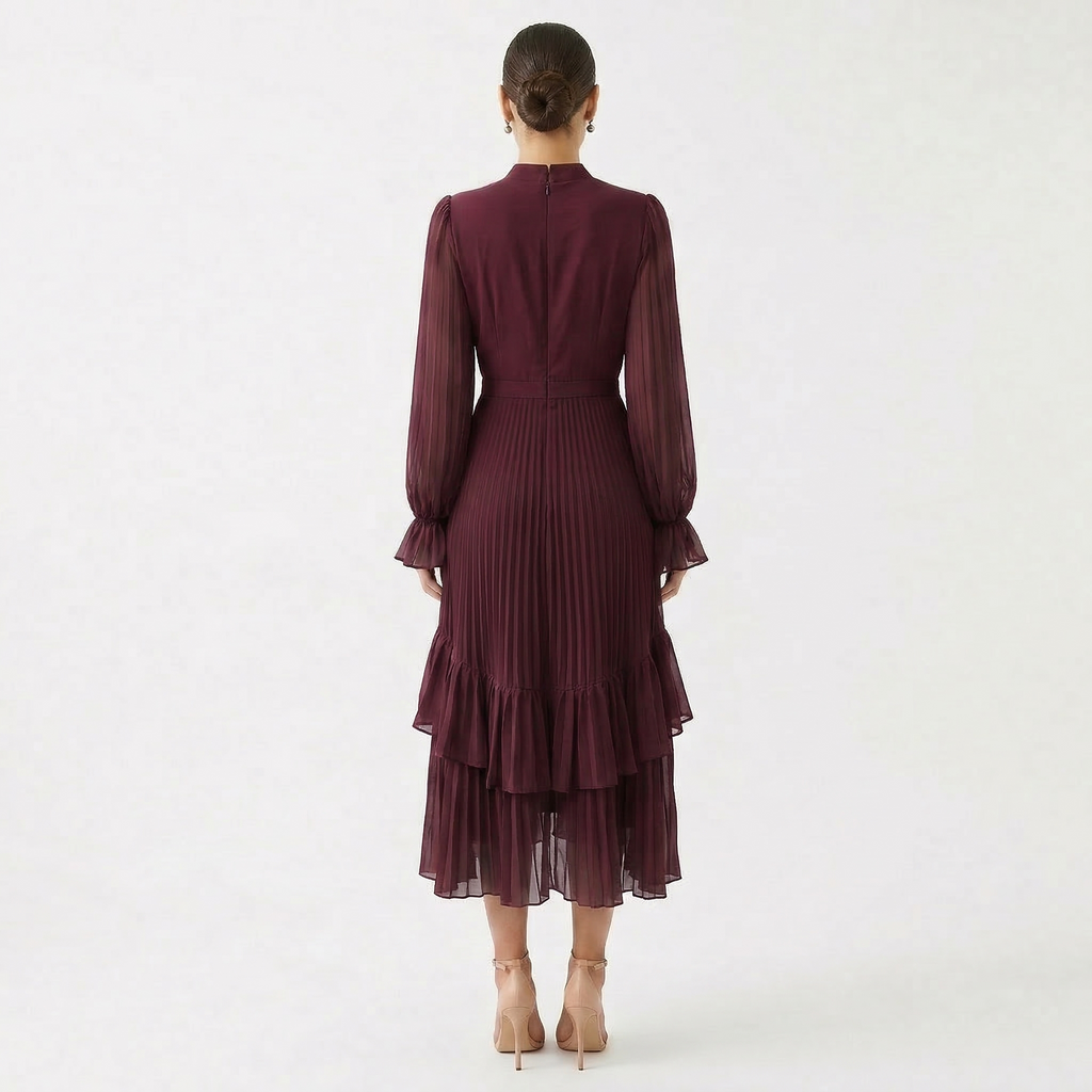Gabriella™ | Vestido midi plisado con volantes y cuello alto