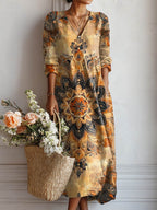 Sophie™ | Vestido midi boho de lino estampado con escote en V