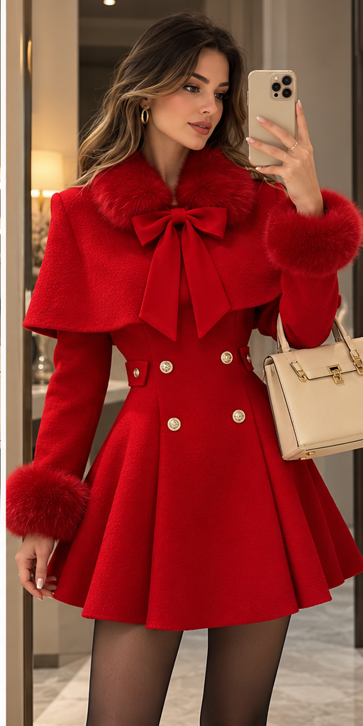 Minivestido elegante rojo con cinturón y cuello de pelo con lazo