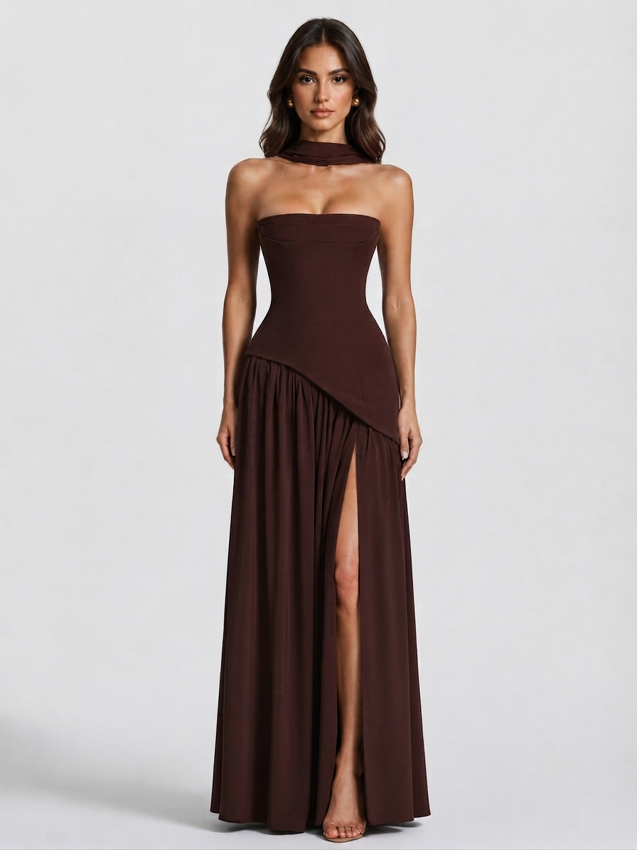 Aurora™ | Vestido de noche largo drapeado con corsé y abertura