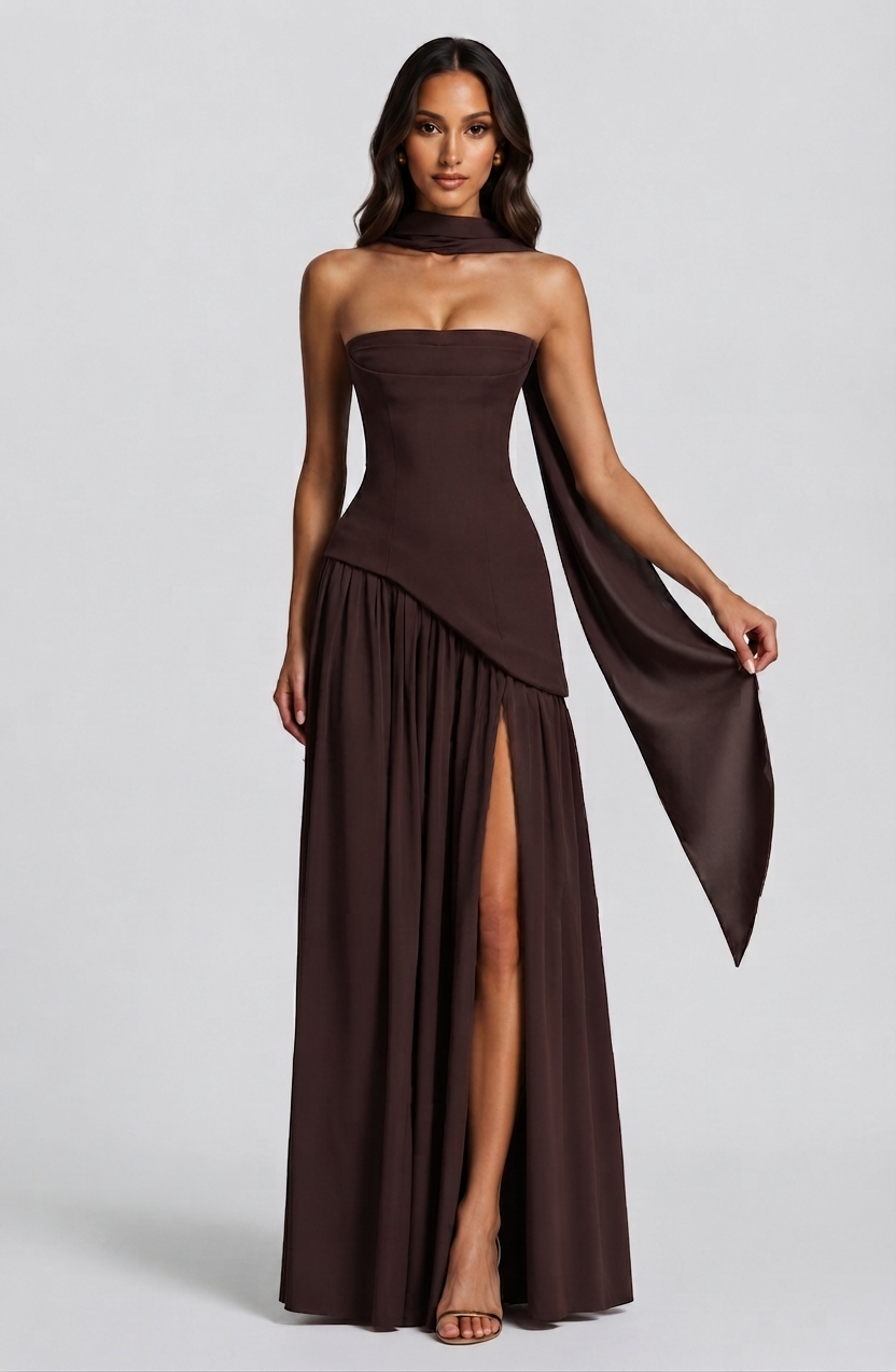 Aurora™ | Vestido de noche largo drapeado con corsé y abertura