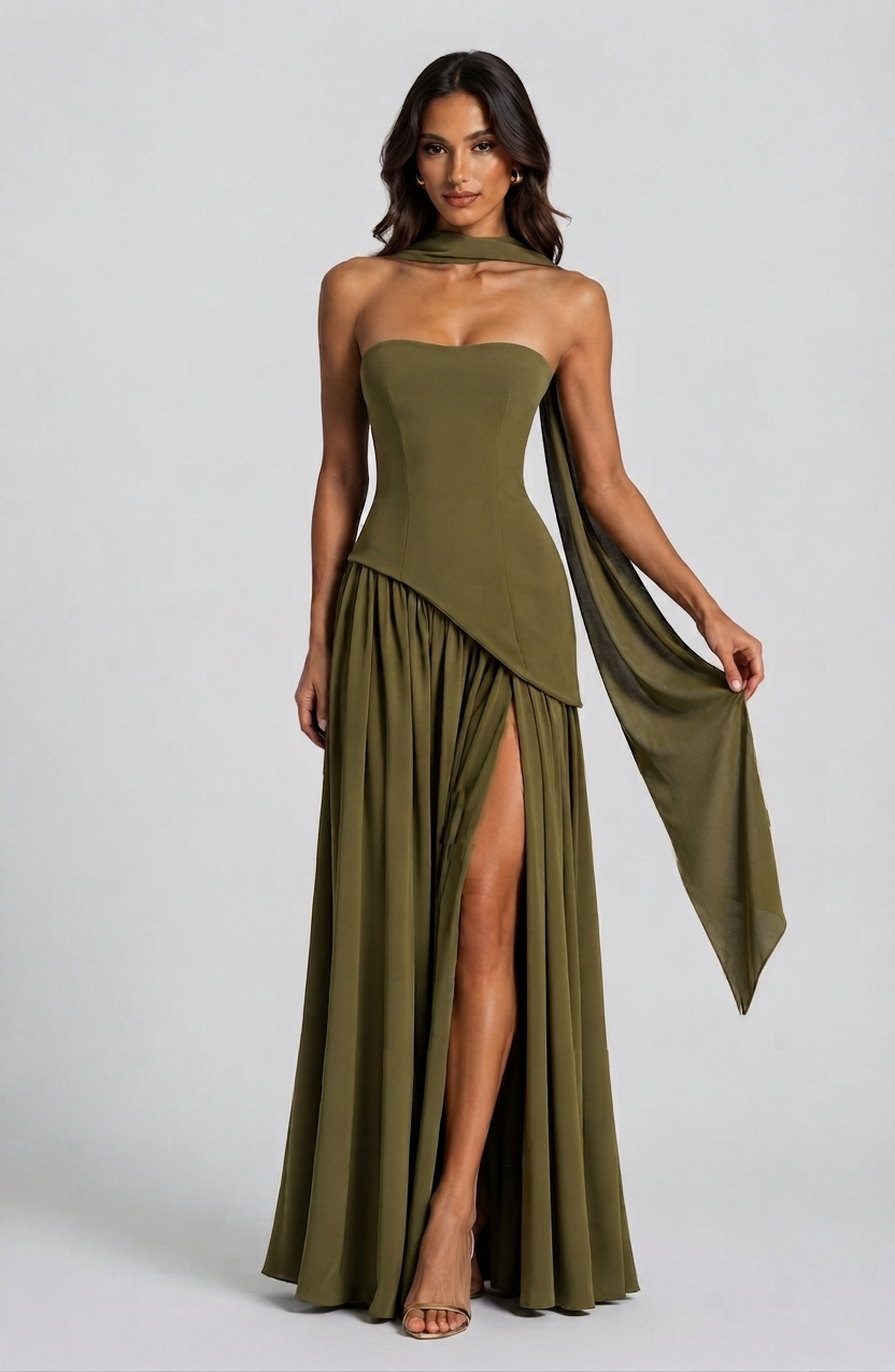 Aurora™ | Vestido de noche largo drapeado con corsé y abertura