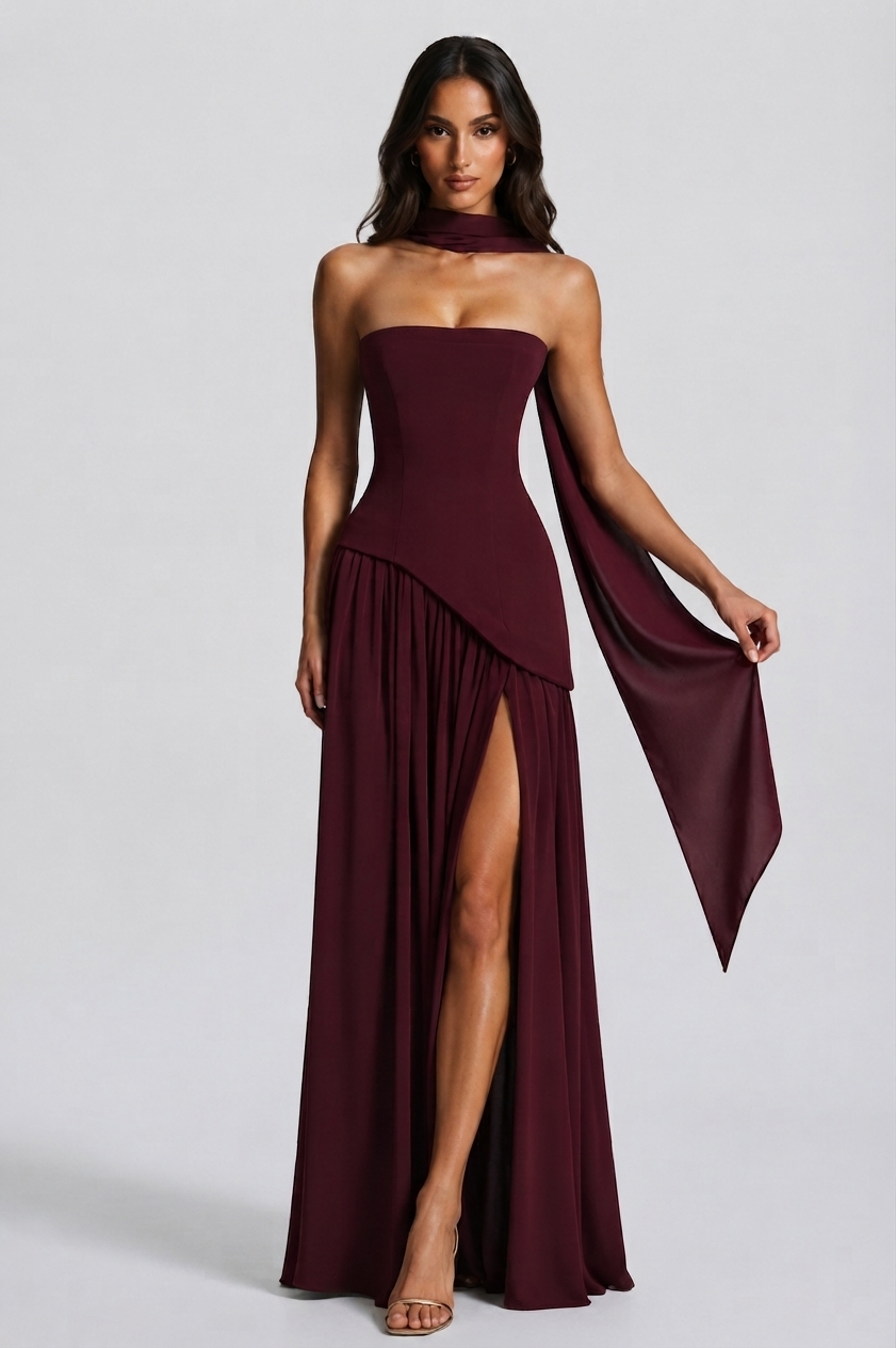 Aurora™ | Vestido de noche largo drapeado con corsé y abertura