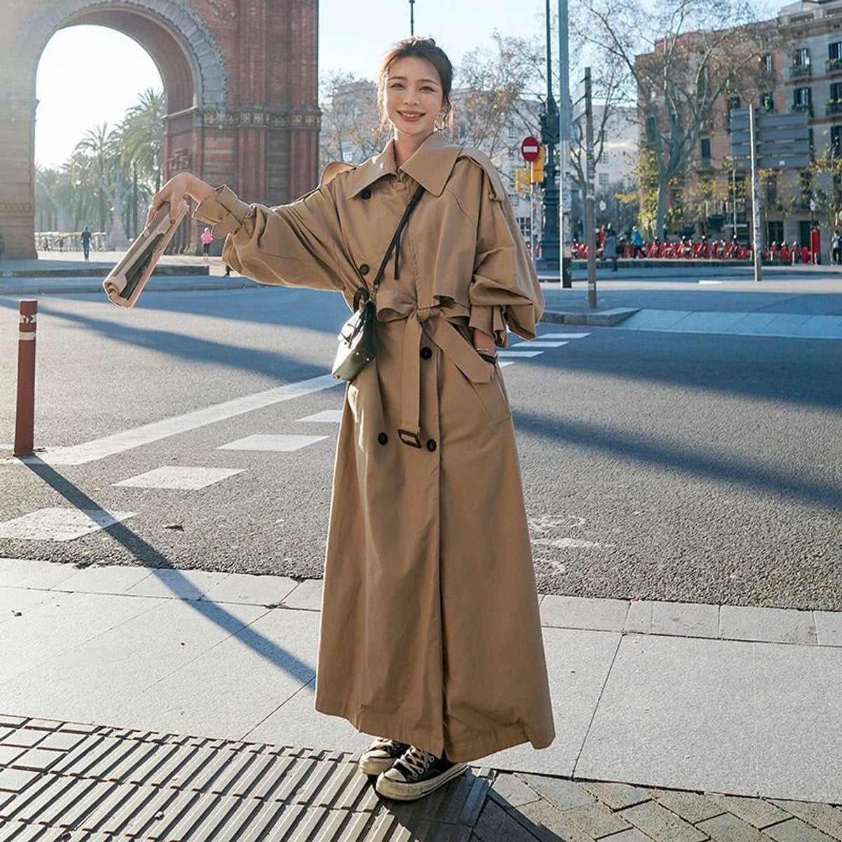 Audrey™ | Gabardina larga oversize cruzada con cinturón