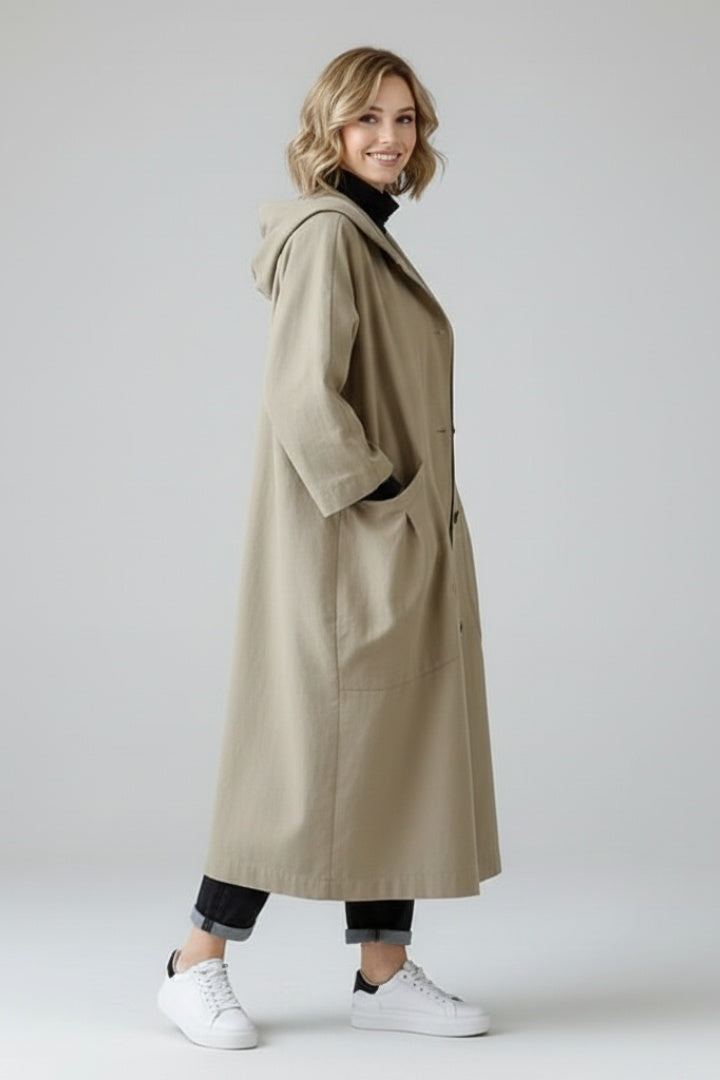 Clara™ | Chubasquero largo oversize con capucha y bolsillos