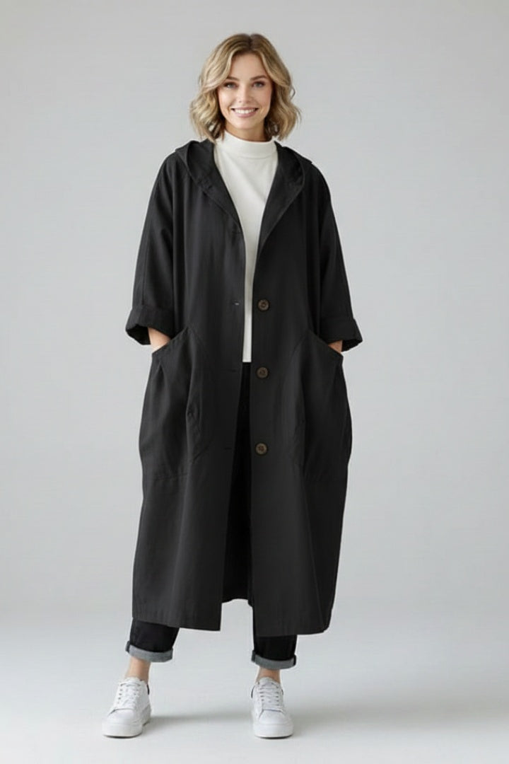 Clara™ | Chubasquero largo oversize con capucha y bolsillos
