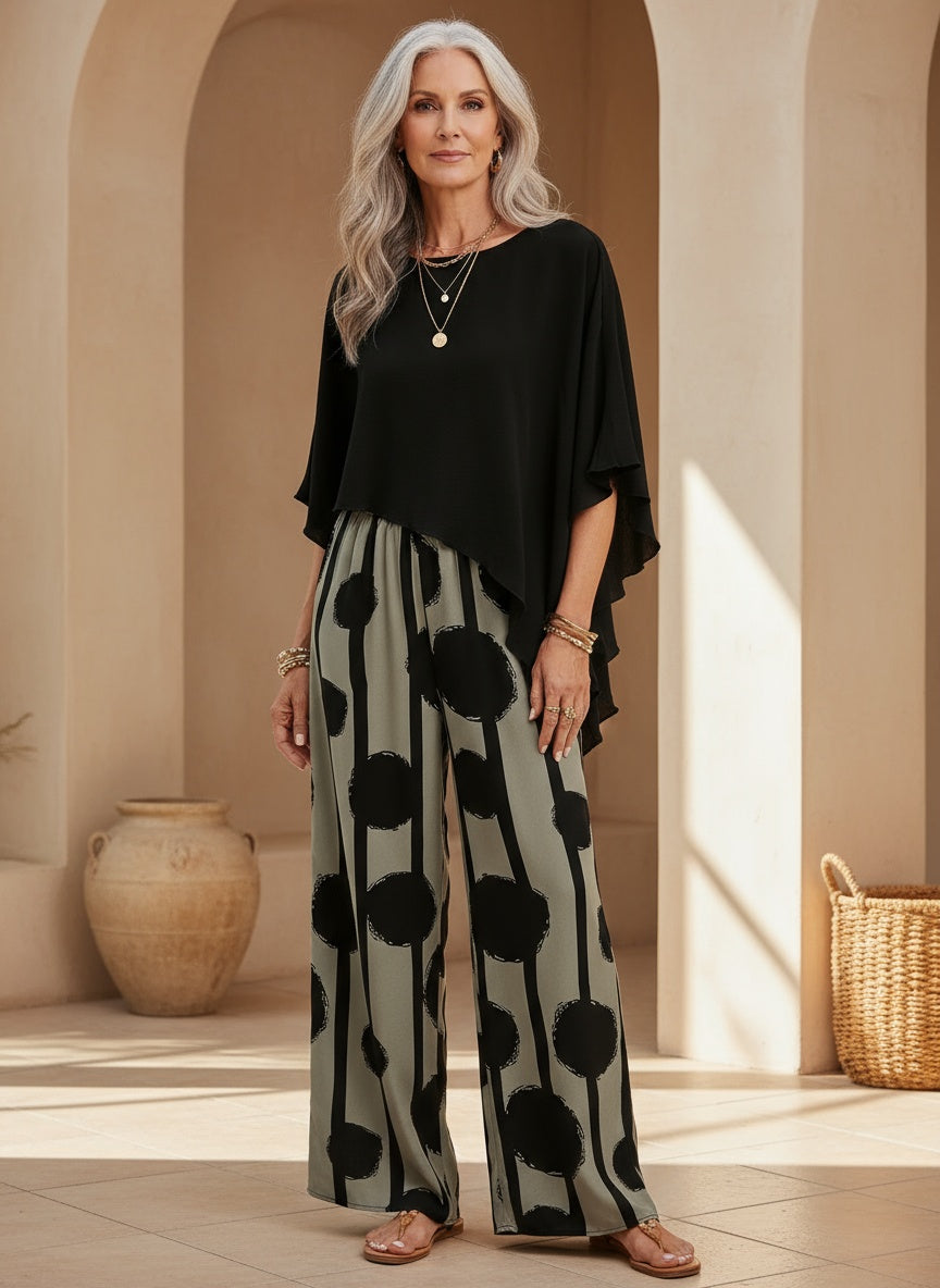 Audrey™ | Conjunto casual de top asimétrico y pantalón ancho estampado