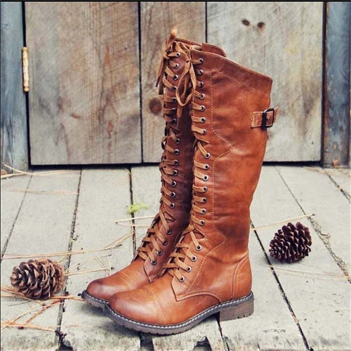 Adriana™ | Botas militares altas planas con cordones
