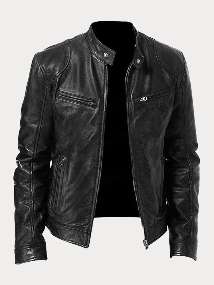 Juliette™ | Cazadora biker de piel con cuello mao y cremalleras