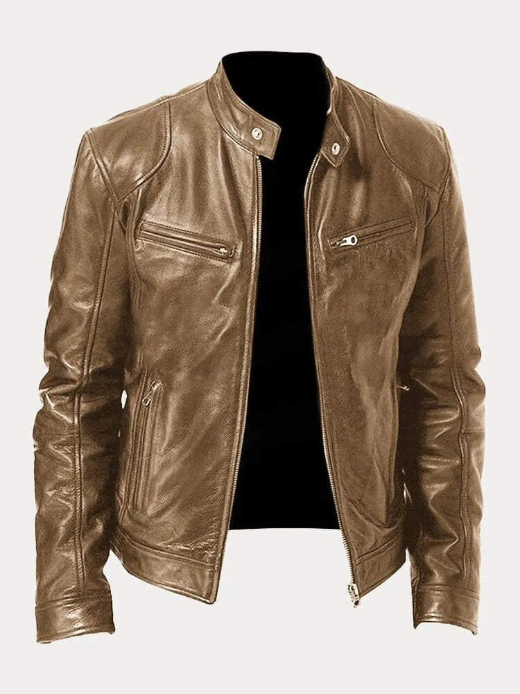 Juliette™ | Cazadora biker de piel con cuello mao y cremalleras