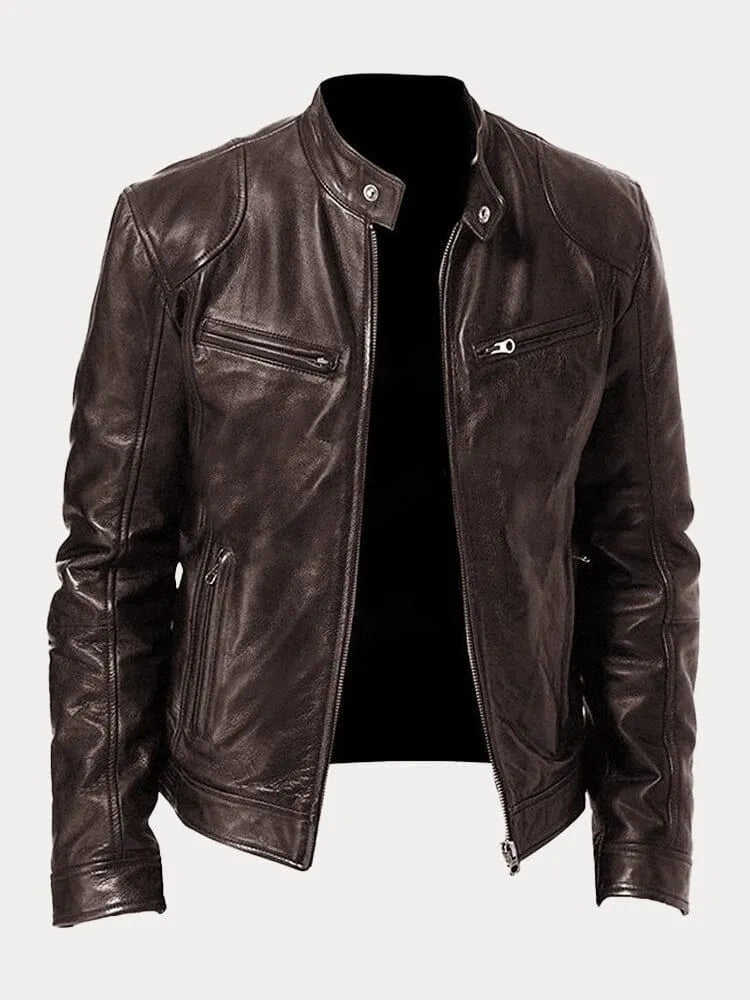 Juliette™ | Cazadora biker de piel con cuello mao y cremalleras