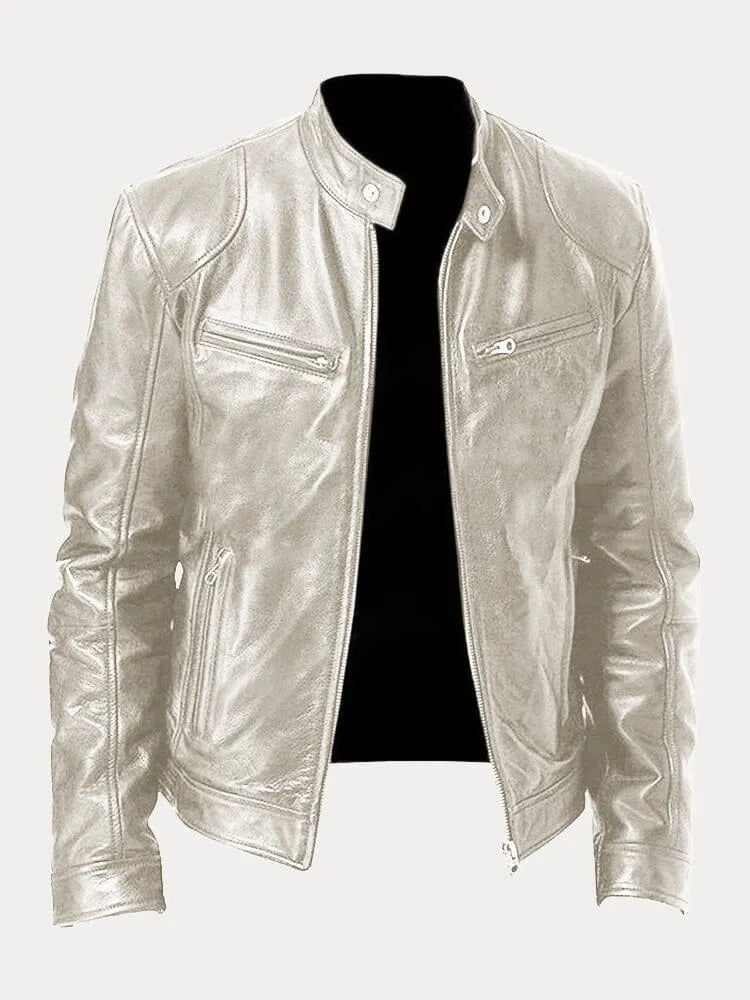 Juliette™ | Cazadora biker de piel con cuello mao y cremalleras