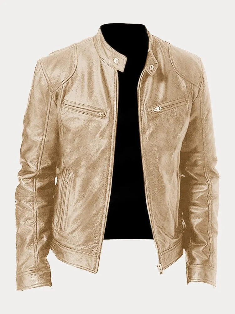 Juliette™ | Cazadora biker de piel con cuello mao y cremalleras