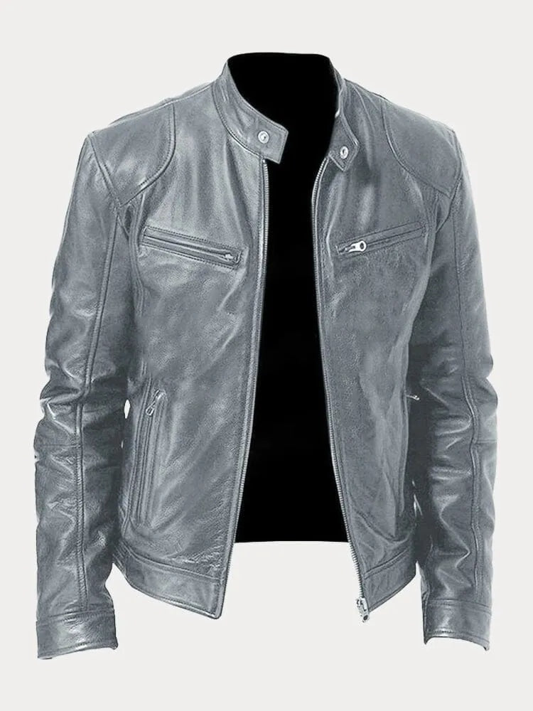 Juliette™ | Cazadora biker de piel con cuello mao y cremalleras