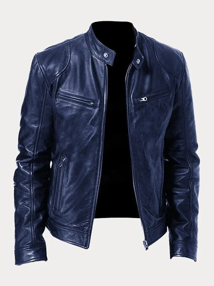 Juliette™ | Cazadora biker de piel con cuello mao y cremalleras