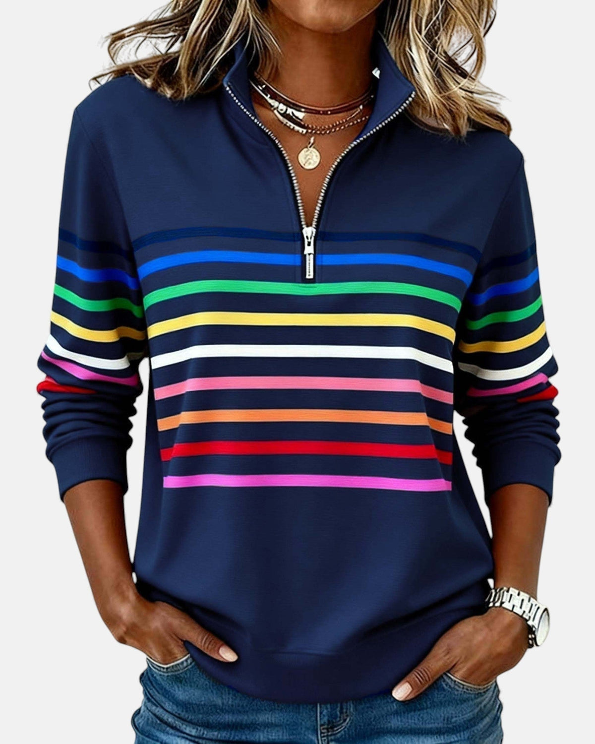 Ella™ | Sudadera de rayas con cuello de cremallera