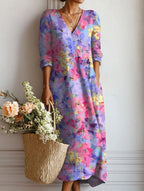 Sophie™ | Vestido midi boho de lino estampado con escote en V
