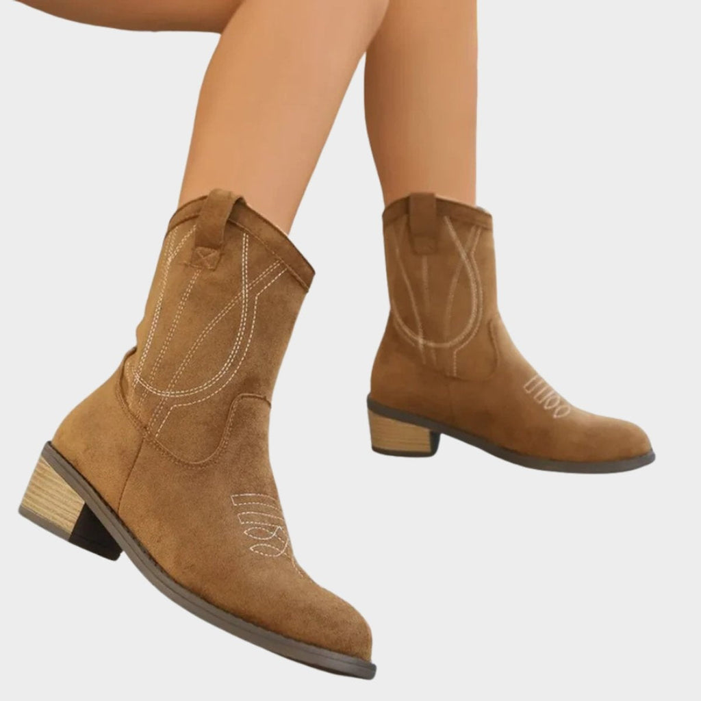 Vanessa™ | Botines camperos de ante con bordados y tacón ancho