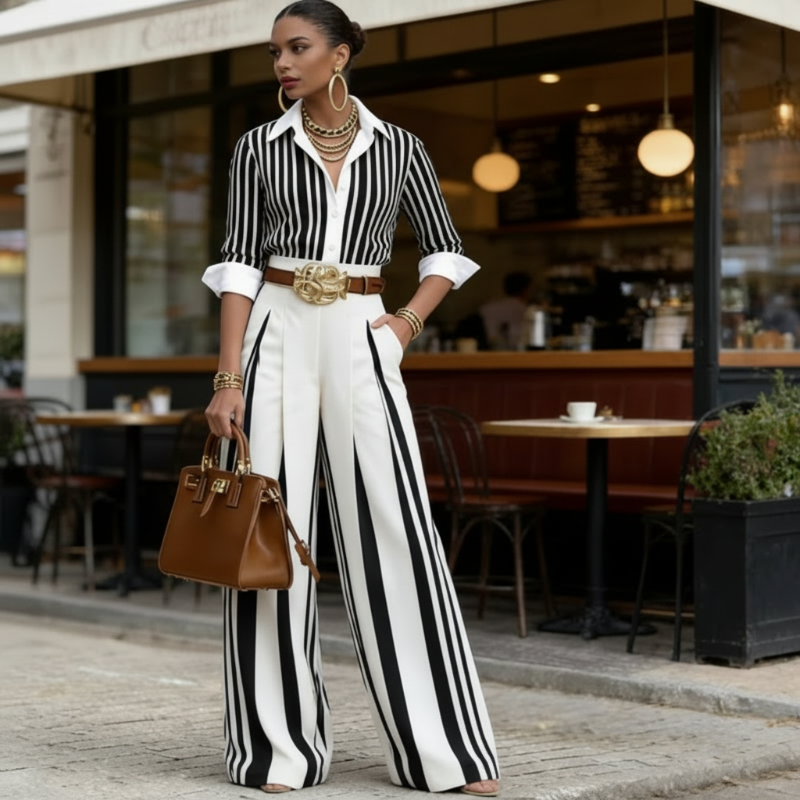 Julia™ | Conjunto de rayas: camisa y palazzo con cinturón