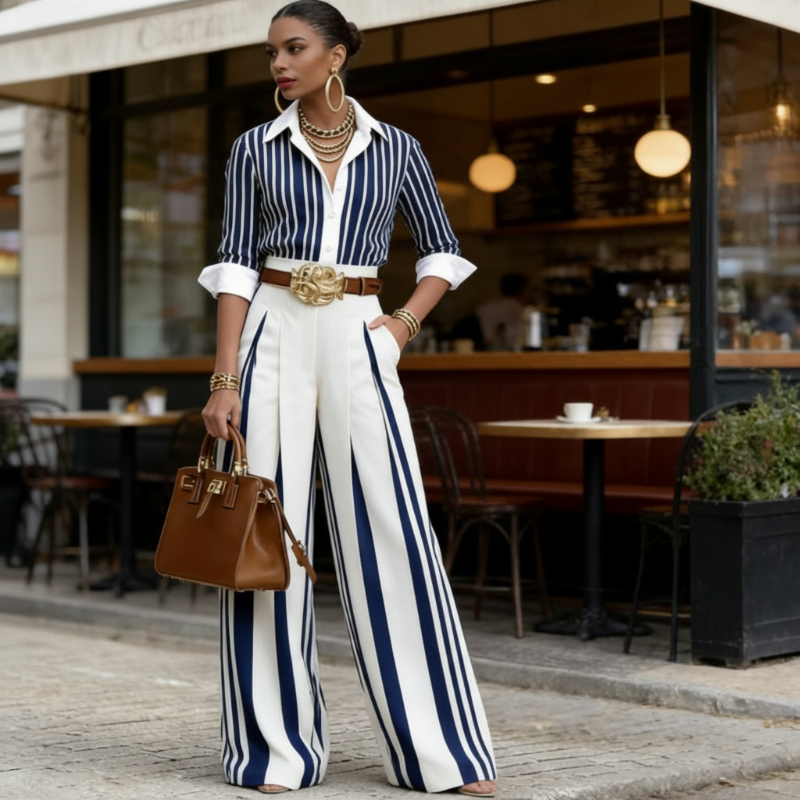 Julia™ | Conjunto de rayas: camisa y palazzo con cinturón