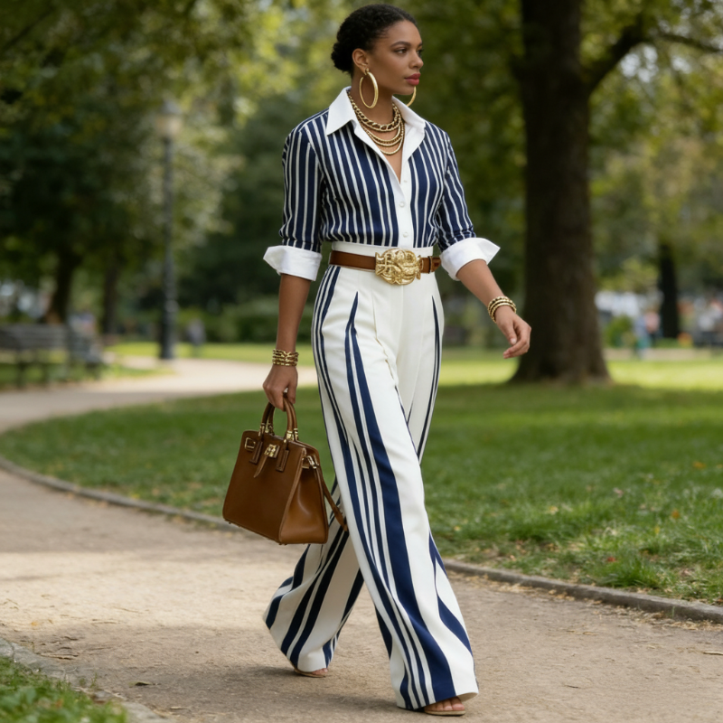 Julia™ | Conjunto de rayas: camisa y palazzo con cinturón
