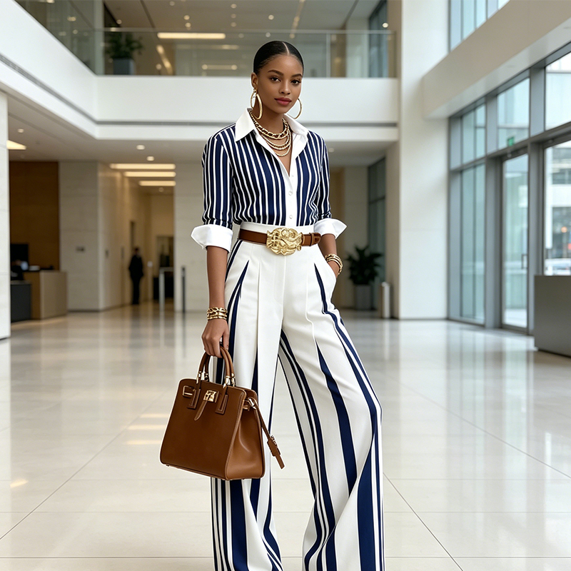 Julia™ | Conjunto de rayas: camisa y palazzo con cinturón