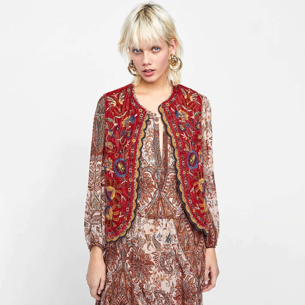 Abigail™ | Chaleco largo boho con estampado paisley y cuello de pico