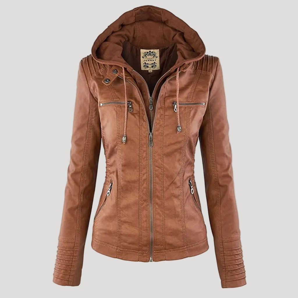 Emilia™ | Chaqueta motera de polipiel con capucha