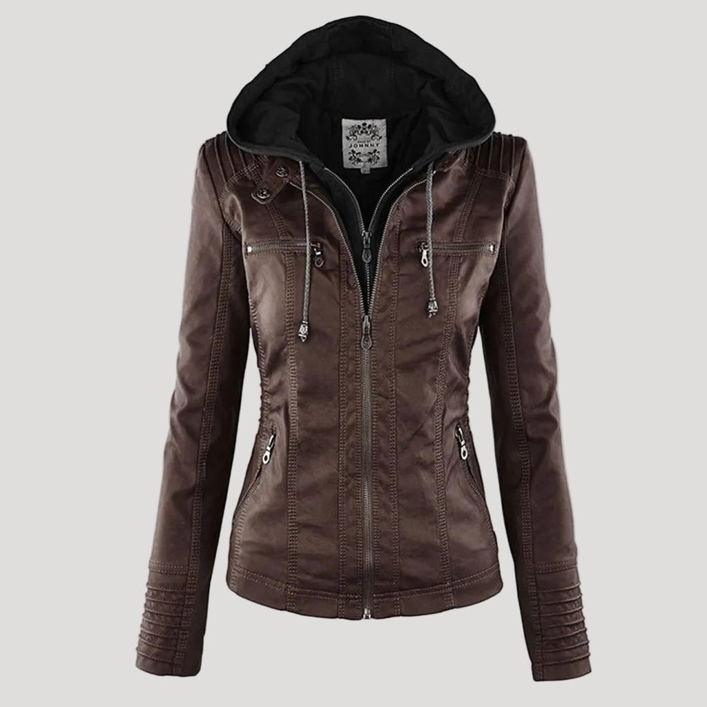 Emilia™ | Chaqueta motera de polipiel con capucha