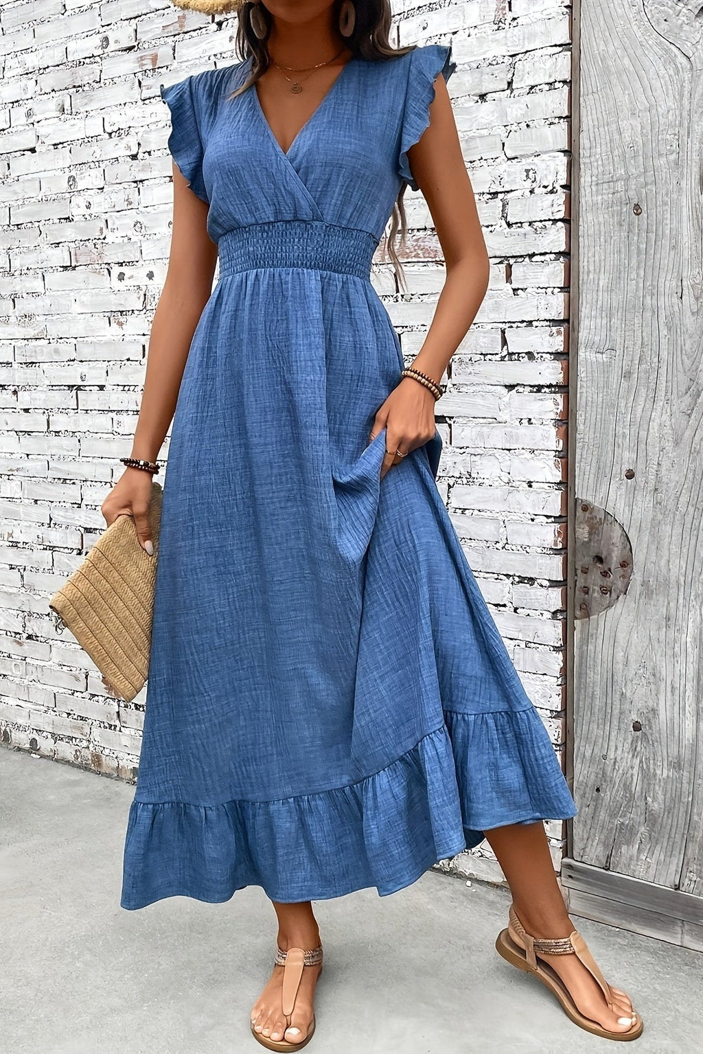 Madeline™ | Vestido largo con volantes, escote en V y cintura fruncida
