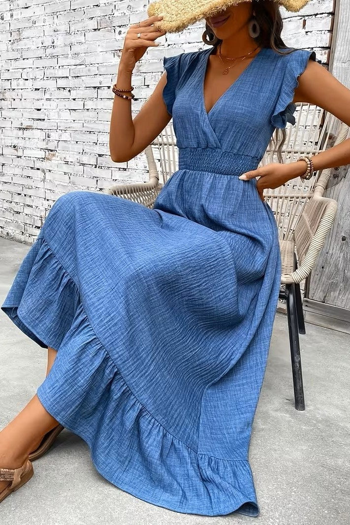 Madeline™ | Vestido largo con volantes, escote en V y cintura fruncida