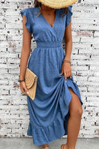 Madeline™ | Vestido largo con volantes, escote en V y cintura fruncida