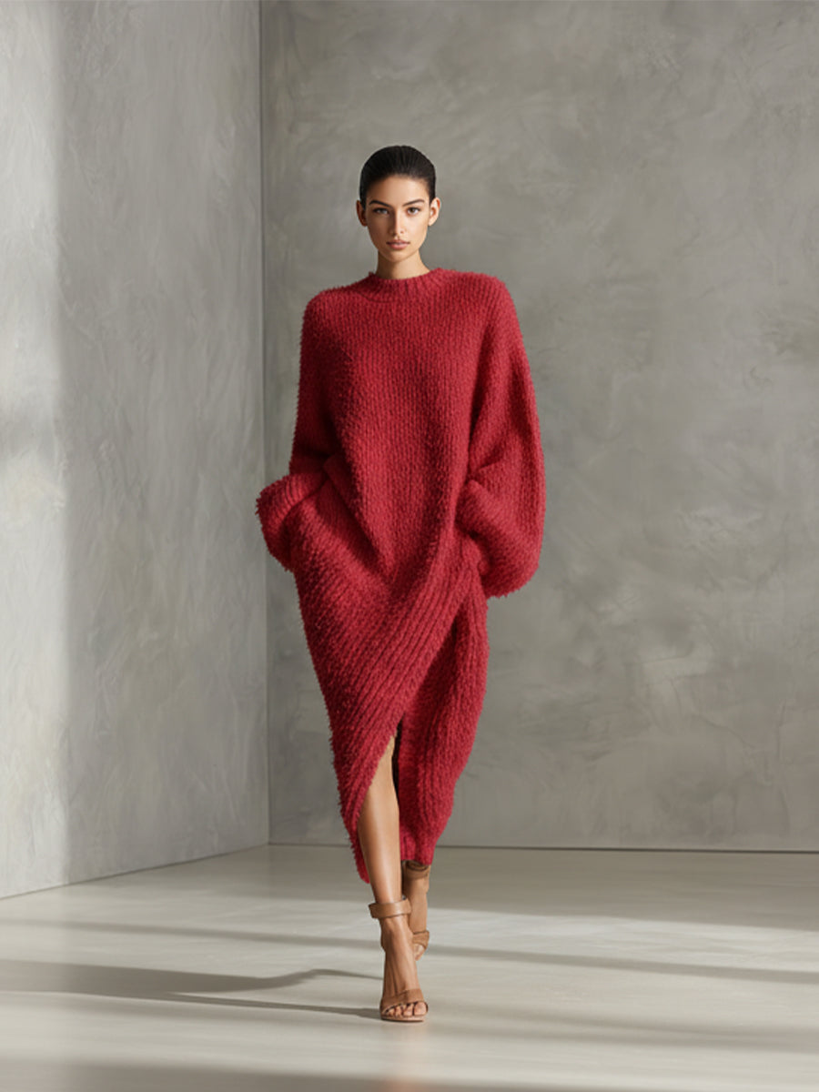 Andrea™ | Vestido midi de punto asimétrico efecto visón en crema