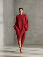 Andrea™ | Vestido midi de punto asimétrico efecto visón en crema