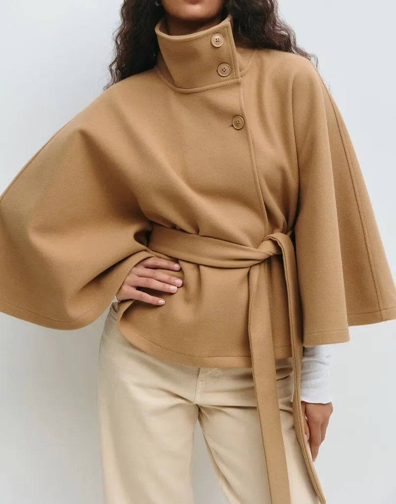 Aria™ | Abrigo capa de mezcla de lana con cinturón y cuello alto