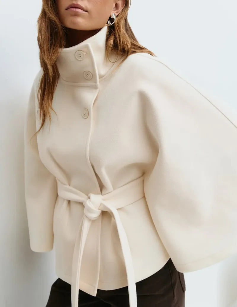 Aria™ | Abrigo capa de mezcla de lana con cinturón y cuello alto