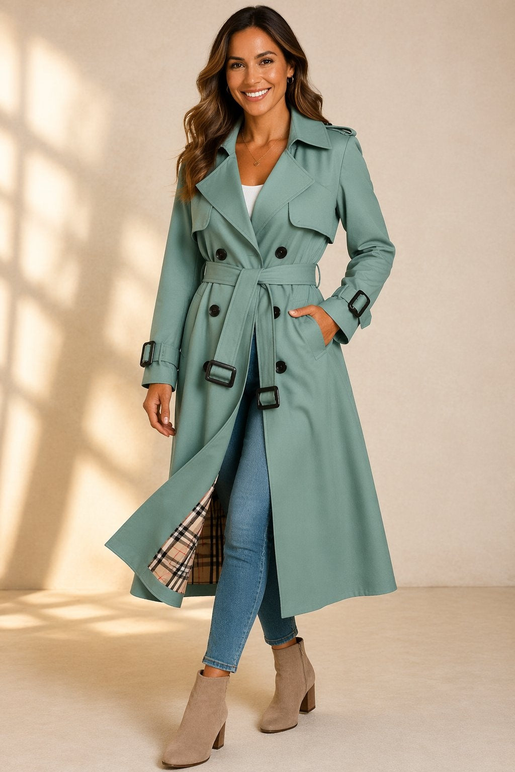 Riley™ | Gabardina larga cruzada con cinturón