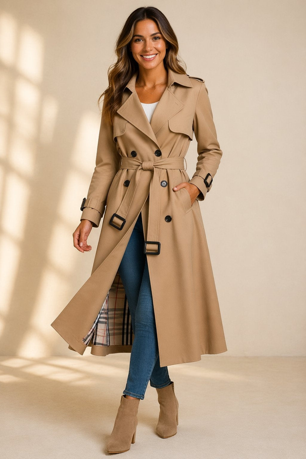 Riley™ | Gabardina larga cruzada con cinturón