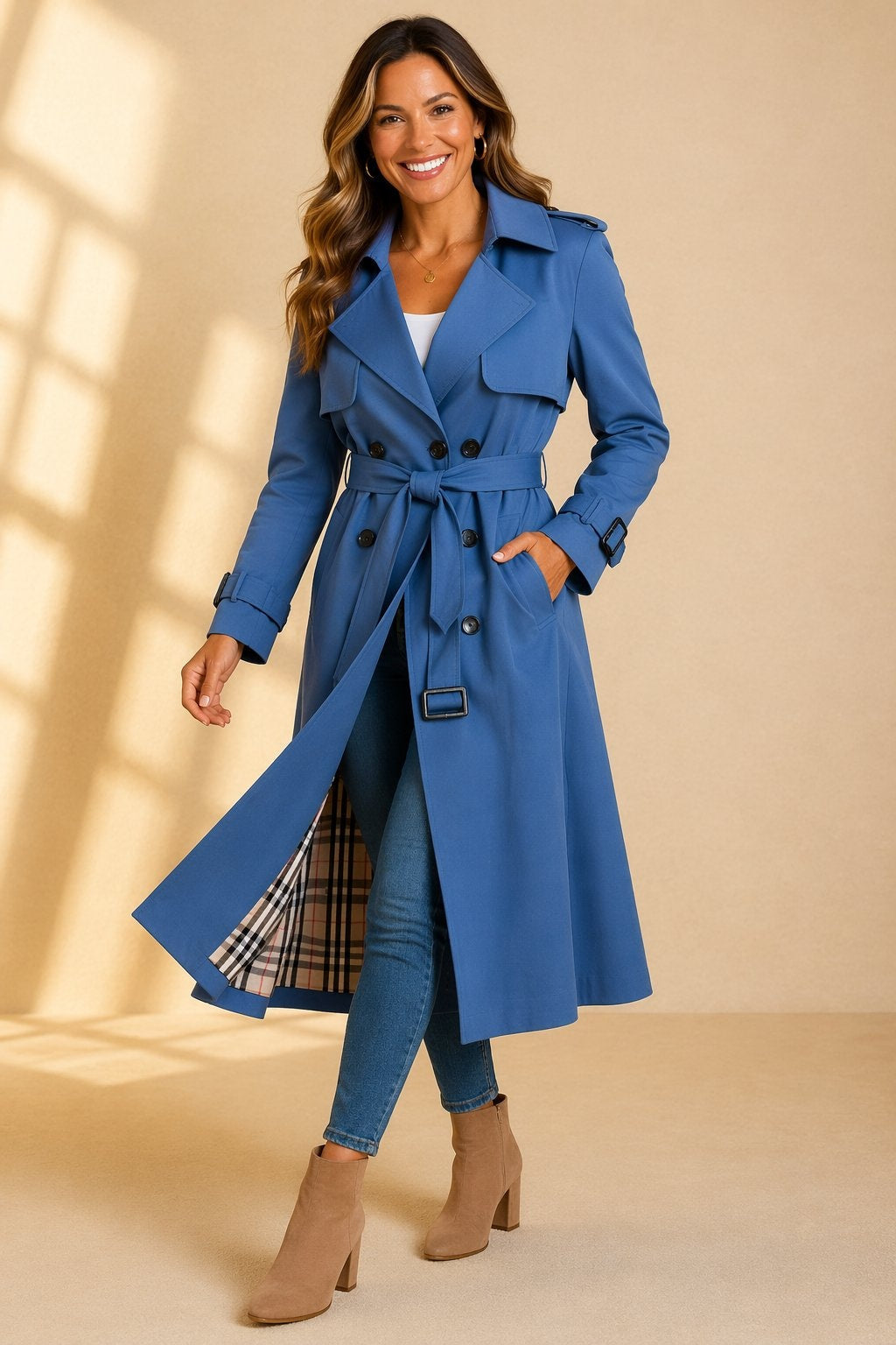 Riley™ | Gabardina larga cruzada con cinturón