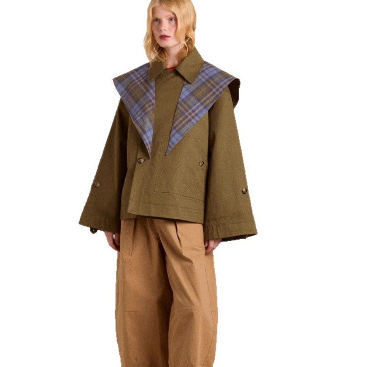 Zoe™ | Gabardina corta oversize con forro escocés y doble botonadura