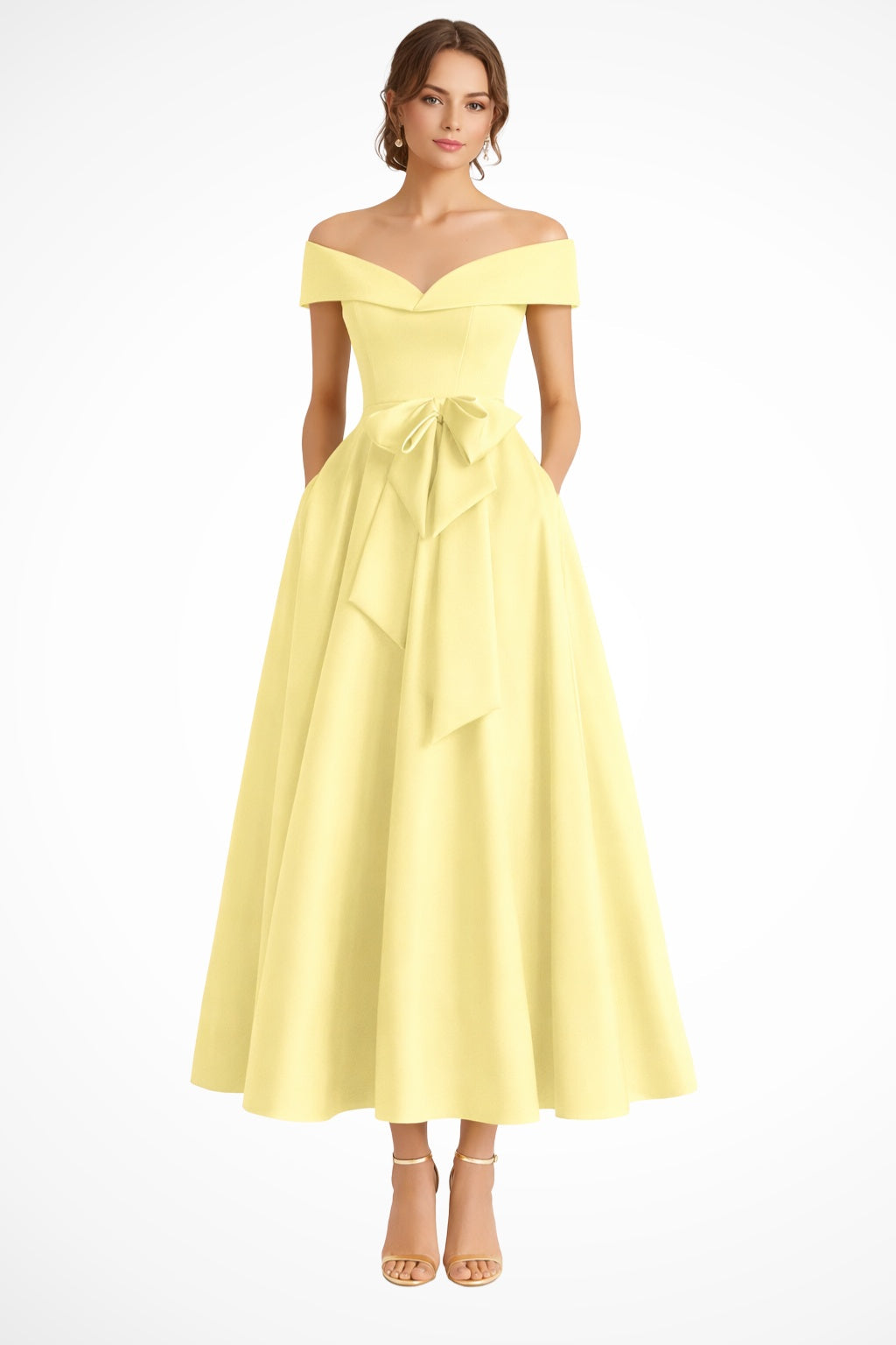 Bailey™ | Vestido midi de dama de honor con hombros descubiertos y cinturón